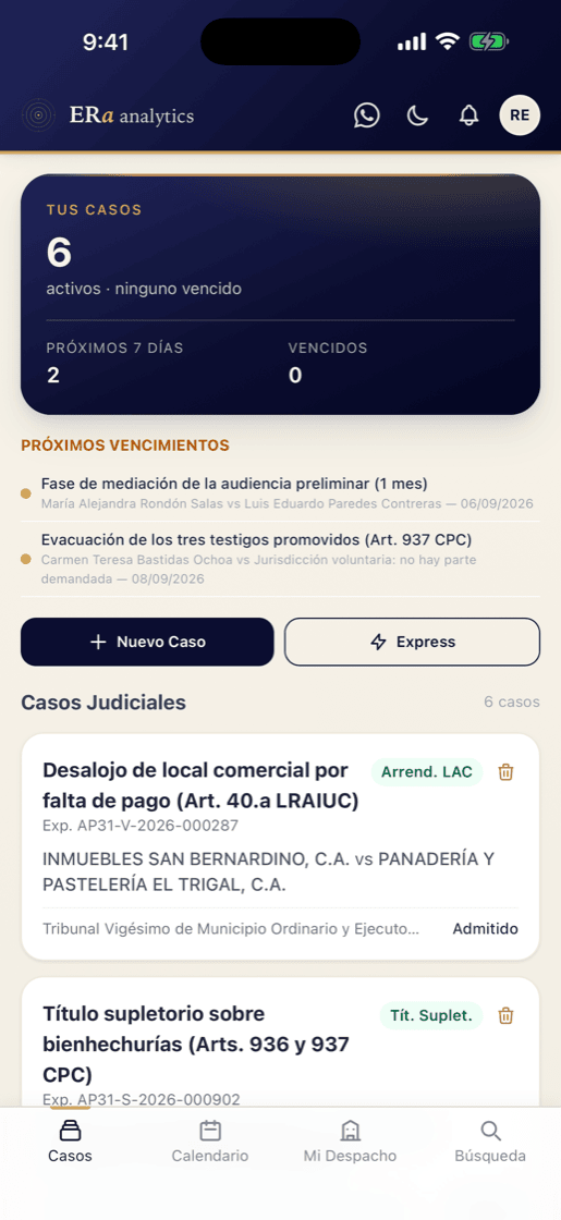 Lista de casos en ERa analytics, con el tipo de procedimiento, el expediente, las partes y el tribunal de cada uno, y el recuento de lo que vence en los próximos siete días.